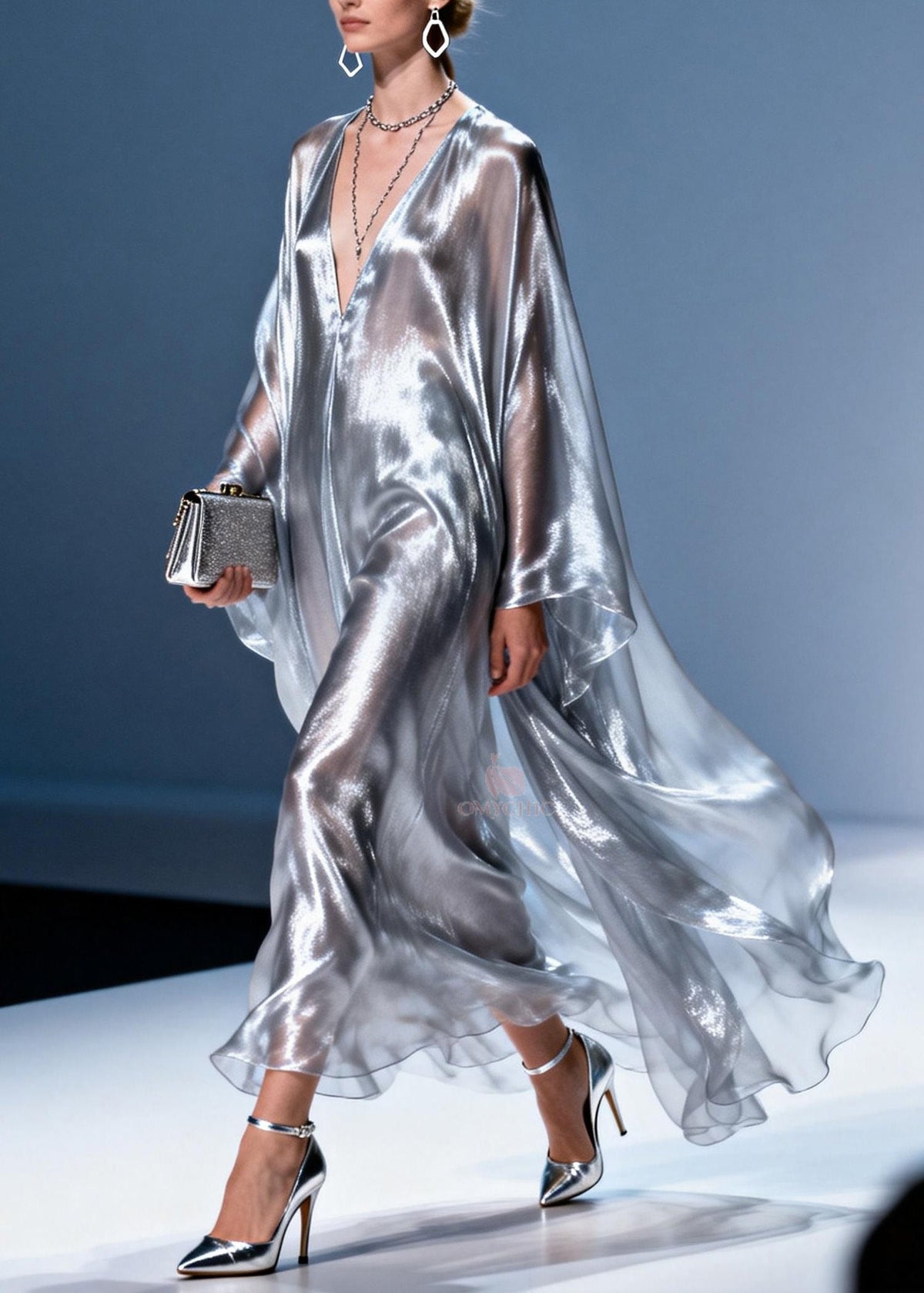 Metallic Chiffon Deep V-Neck Oversized Cape Sleeve Kaftan Maxi Gown - View 3