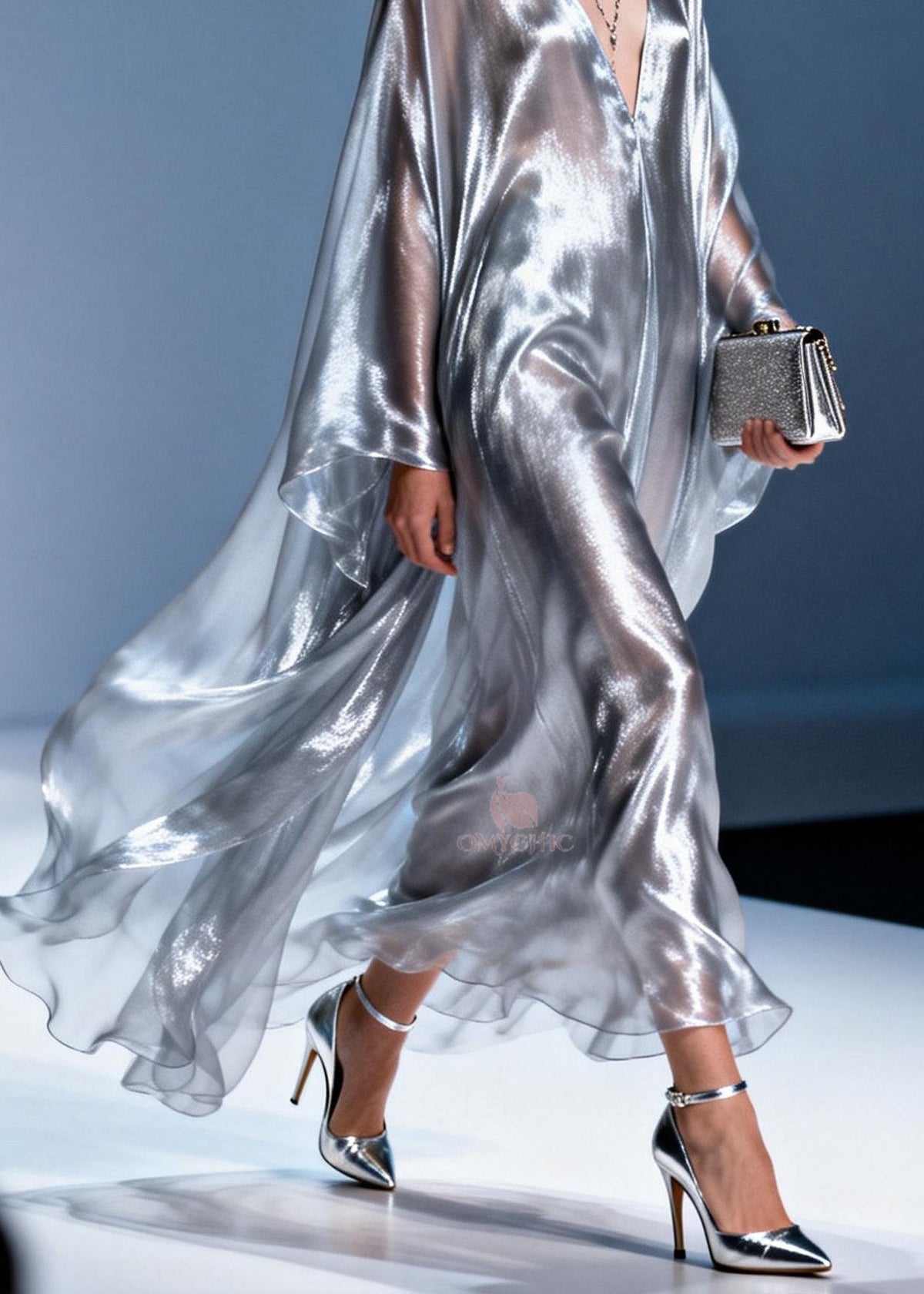 Metallic Chiffon Deep V-Neck Oversized Cape Sleeve Kaftan Maxi Gown - View 4