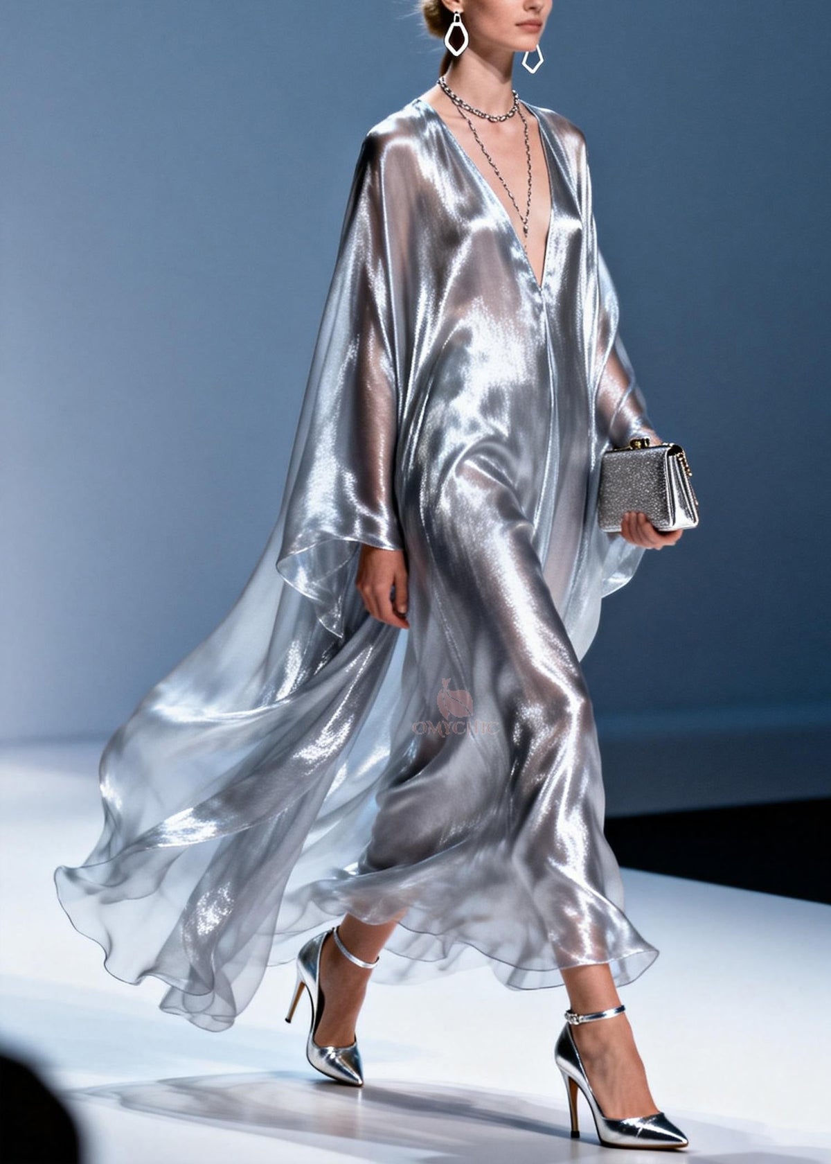 Metallic Chiffon Deep V-Neck Oversized Cape Sleeve Kaftan Maxi Gown - View 5