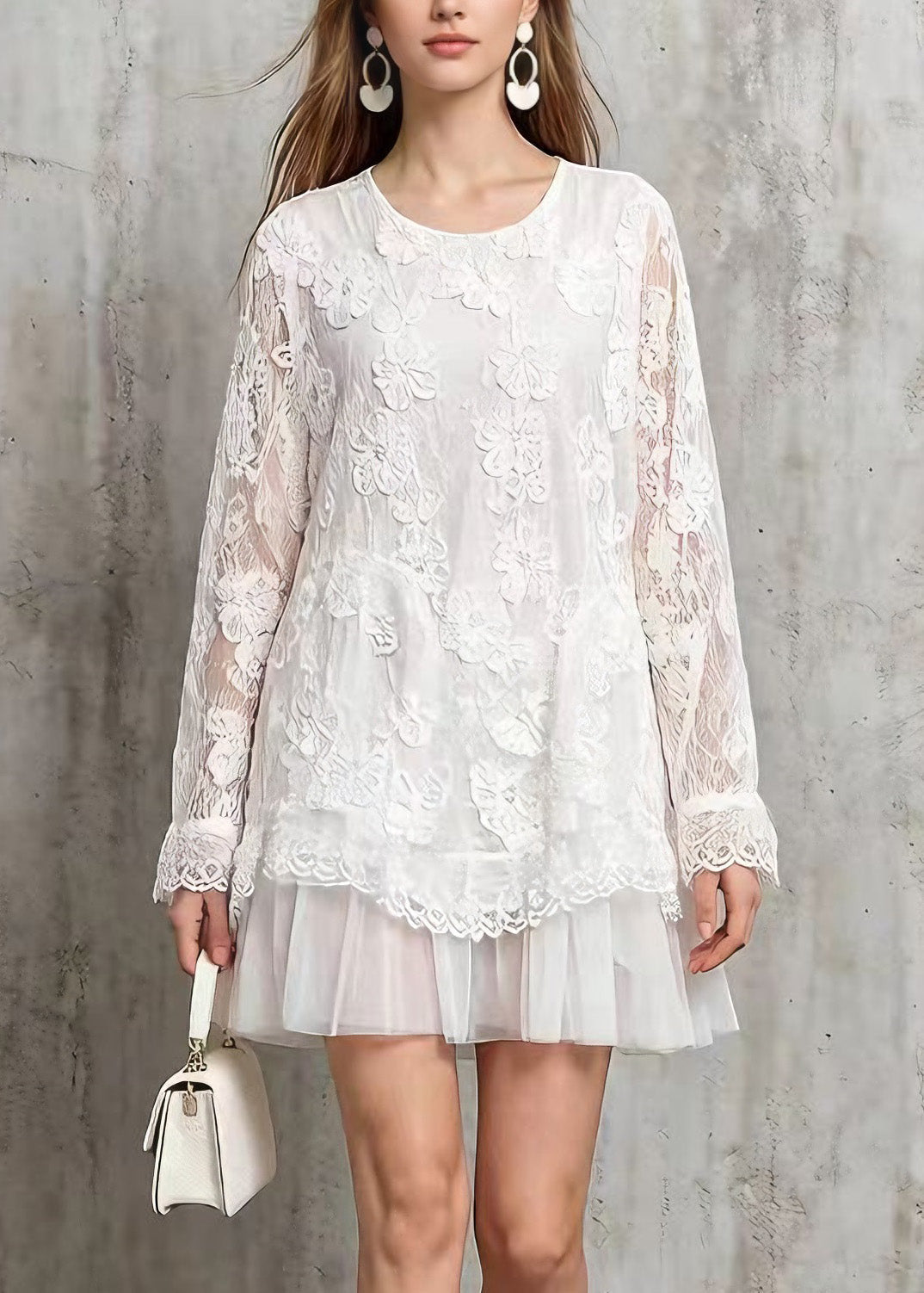 Floral Lace Crew Neck Long Sleeve Tiered Tulle Ruffle Mini Dress - View 2