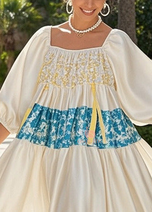 Square Neck Puff Sleeve Floral Patchwork Tiered Midi Dress - View 2