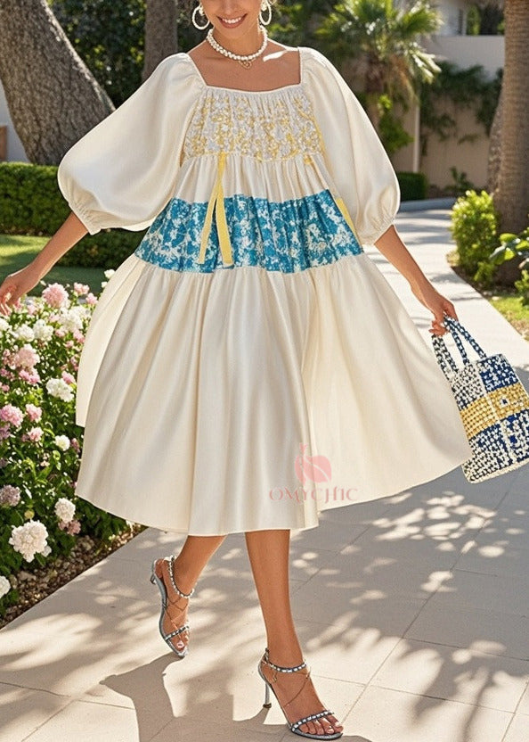 Square Neck Puff Sleeve Floral Patchwork Tiered Midi Dress - View 3