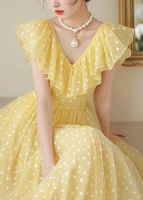 Stylish Yellow V Neck Ruffled Print Chiffon Long Dress Summer - View 5