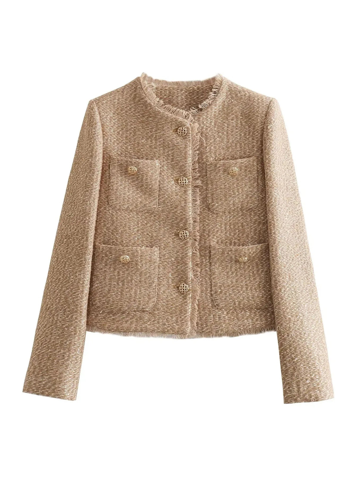 Collarless Button Front Cropped Tweed Jacket 2