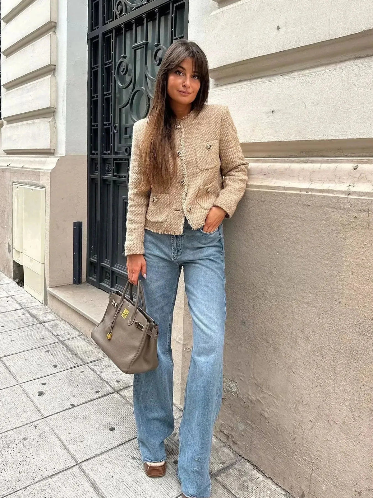 Collarless Button Front Cropped Tweed Jacket 4