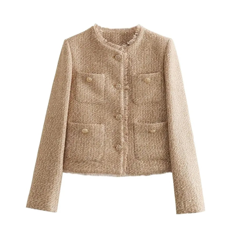 Collarless Button Front Cropped Tweed Jacket 7