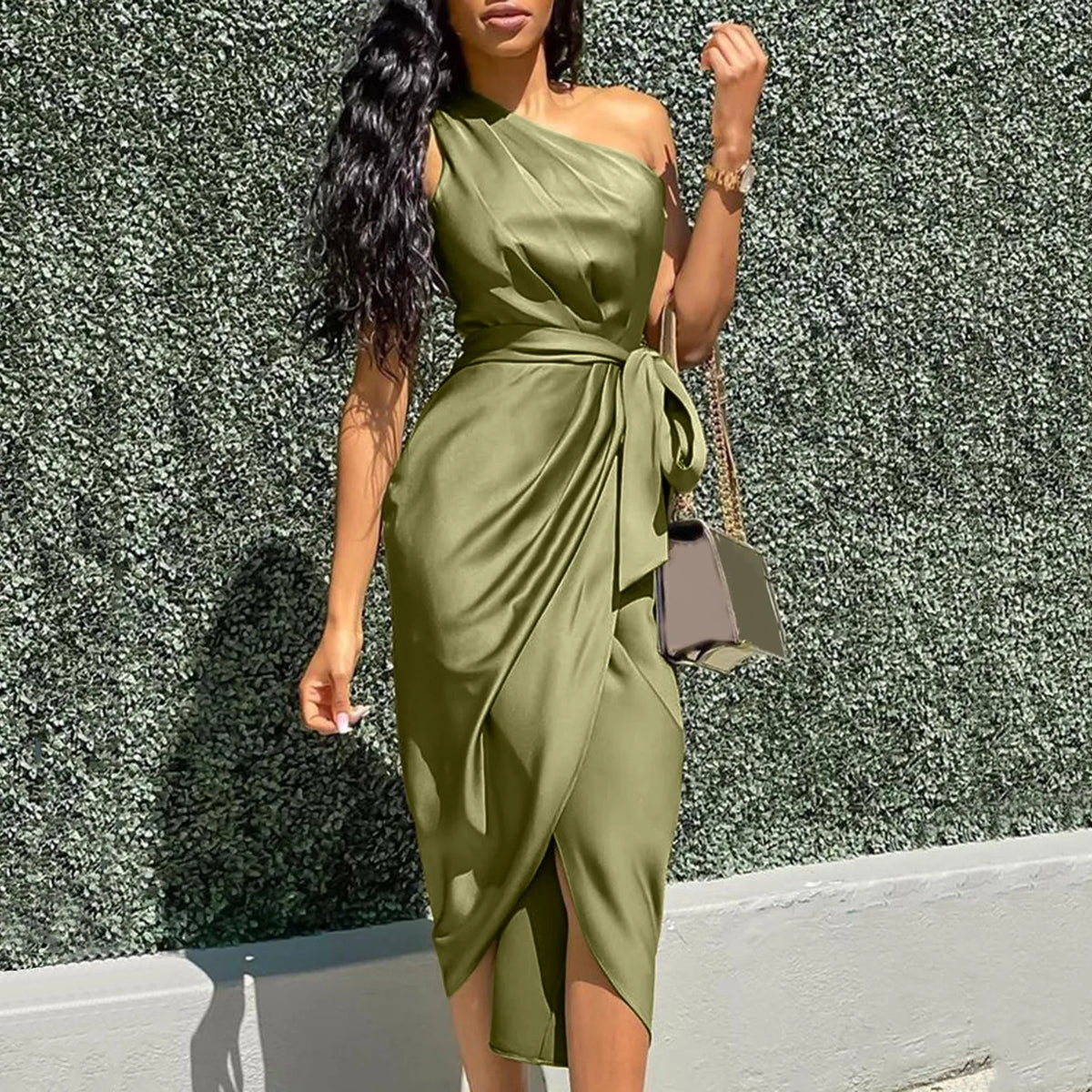 Green Asymmetrical One Shoulder Satin Ruched Midi Dress - View 4