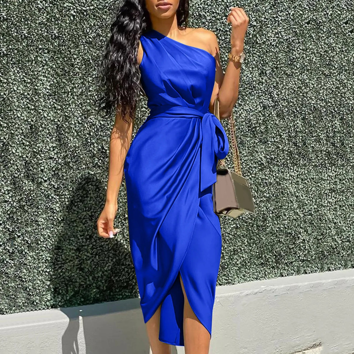 Green Asymmetrical One Shoulder Satin Ruched Midi Dress - View 2