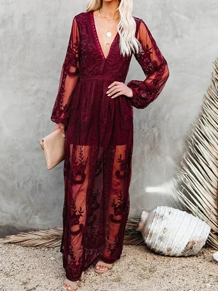 Floral Embroidered Deep V-Neck Long Sleeve Sheer Lace Maxi Dress 5
