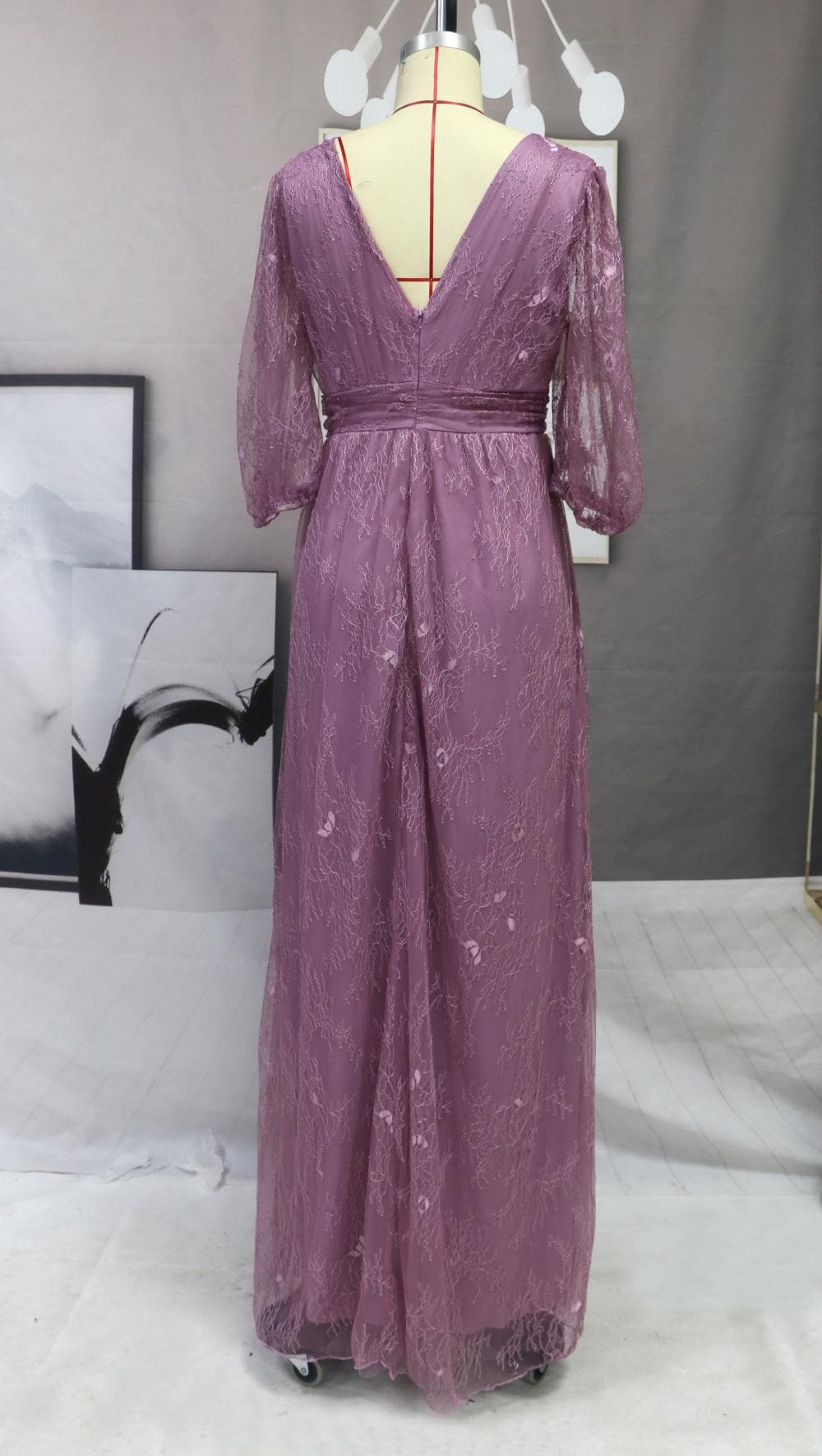 Embossed Floral Puff Sleeve V-Neck Ruched High Split Maxi Gown - View 3