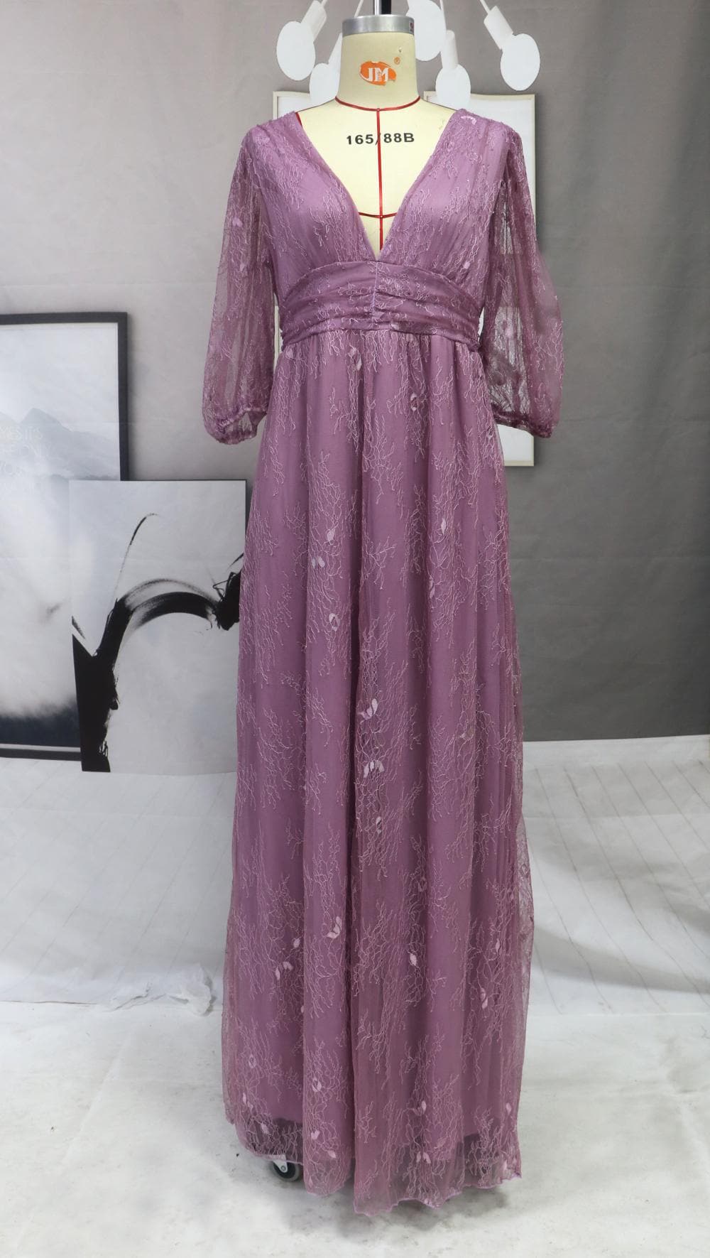 Embossed Floral Puff Sleeve V-Neck Ruched High Split Maxi Gown - View 4