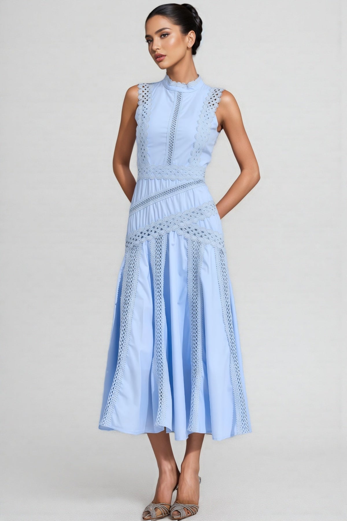 Arwty Blue Sleeveless Lace Midi Dress