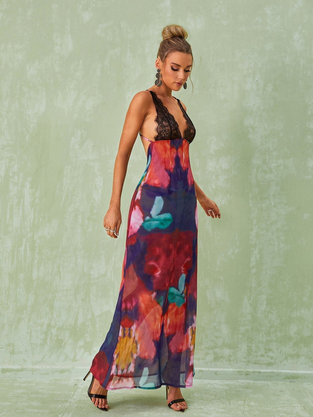 Svea Lace Floral Printed Maxi Dress In Red - View 5