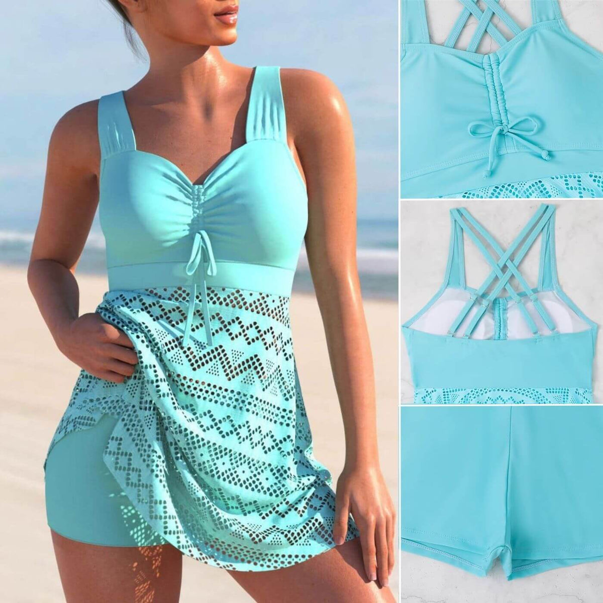 Ruched Front Crochet Lace Skirt Swim Dress 10