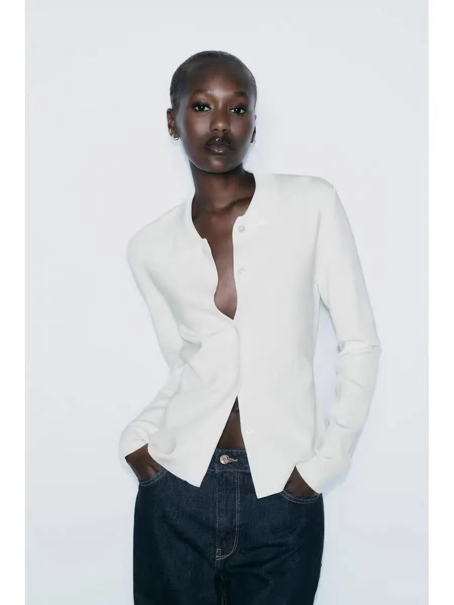 Simple Polo Collar Long Sleeve Cardigan WHITE / S