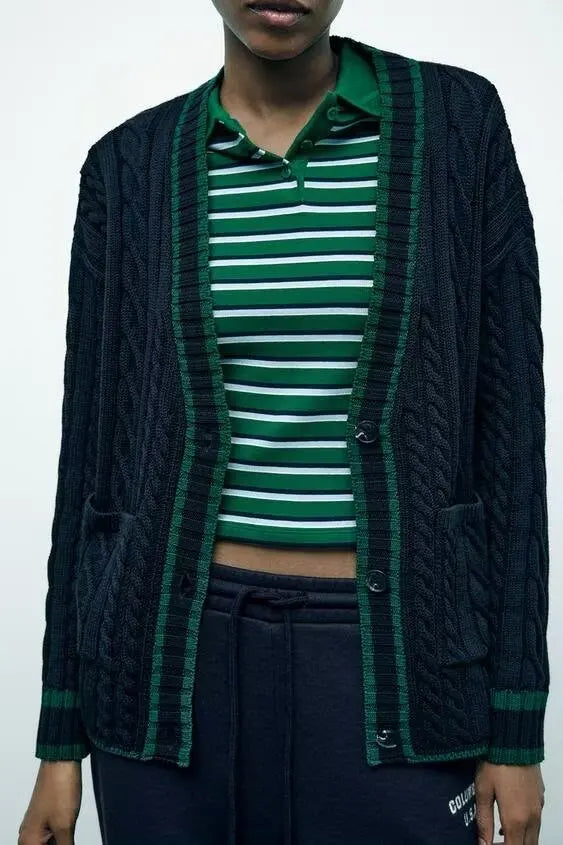 Lazy Style Contrasting V-neck Cardigan Blue / S