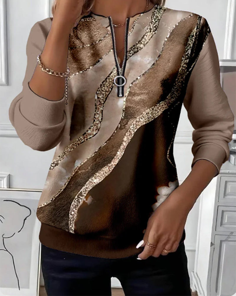 Marble Print Quarter Zip Mock Neck Sweatshirt