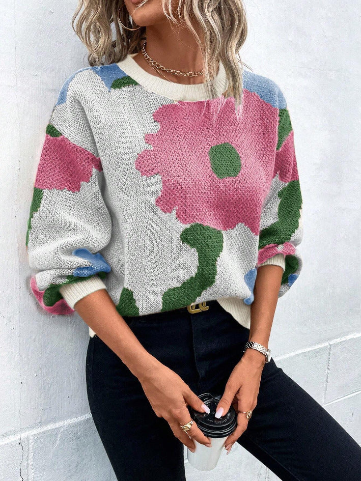 Crew Neck Floral Colorblock Drop Shoulder Sweater 5