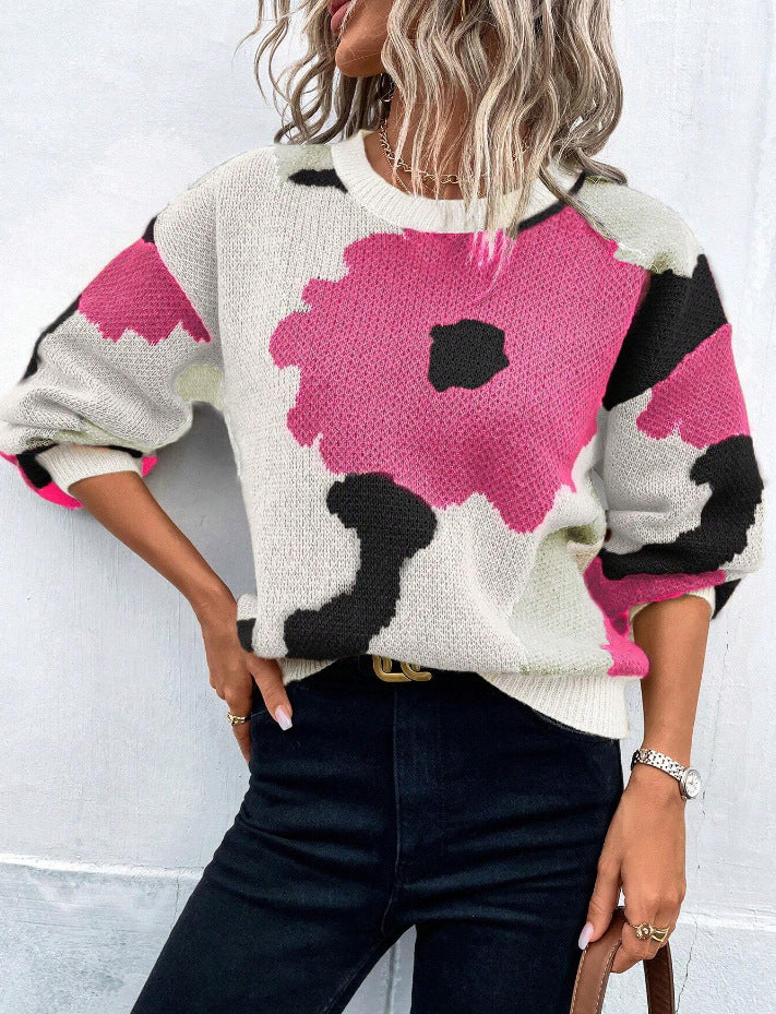 Crew Neck Floral Colorblock Drop Shoulder Sweater 4