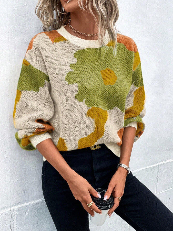 Crew Neck Floral Colorblock Drop Shoulder Sweater 2