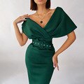 Satin Deep V-Neck Batwing Sleeve Belted Bodycon Midi Dress 46