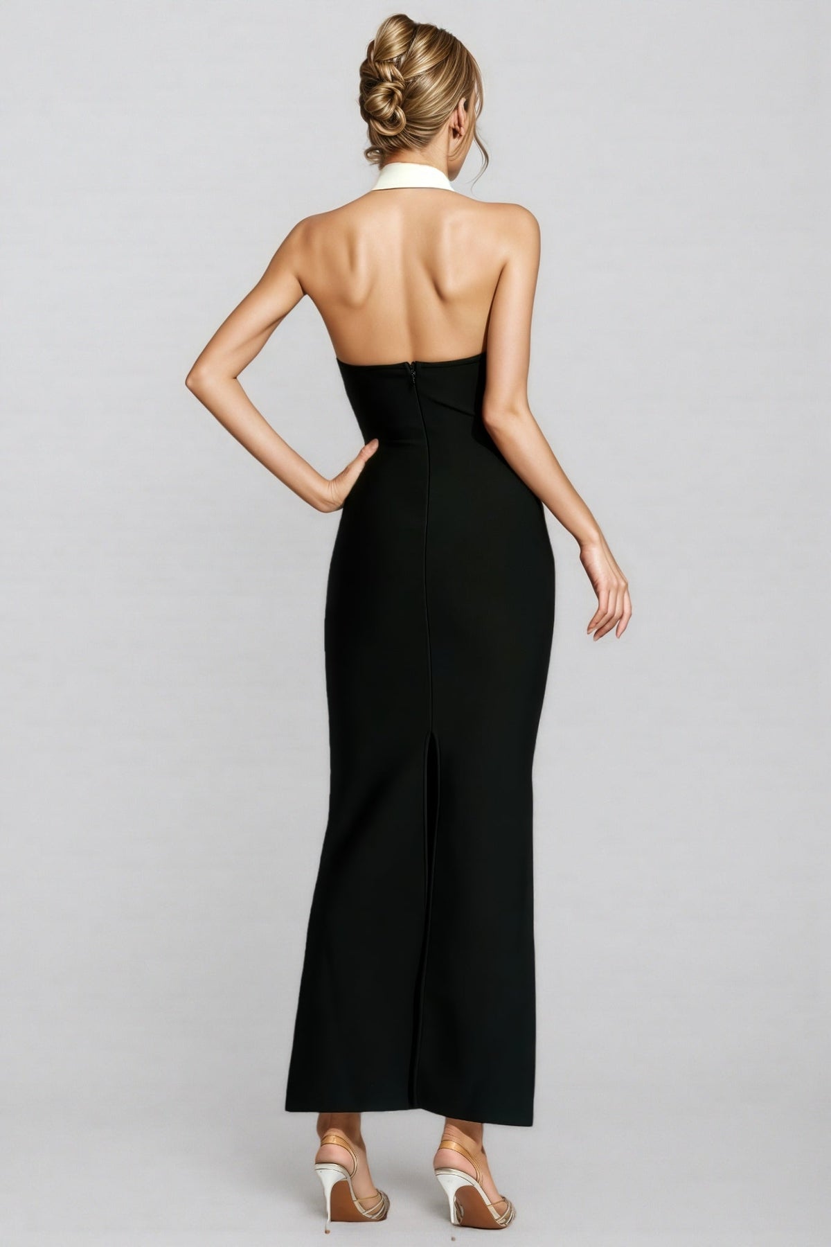 Bandage Halter Neck Contrast Collar Deep V-Neck Bodycon Maxi Gown - View 7