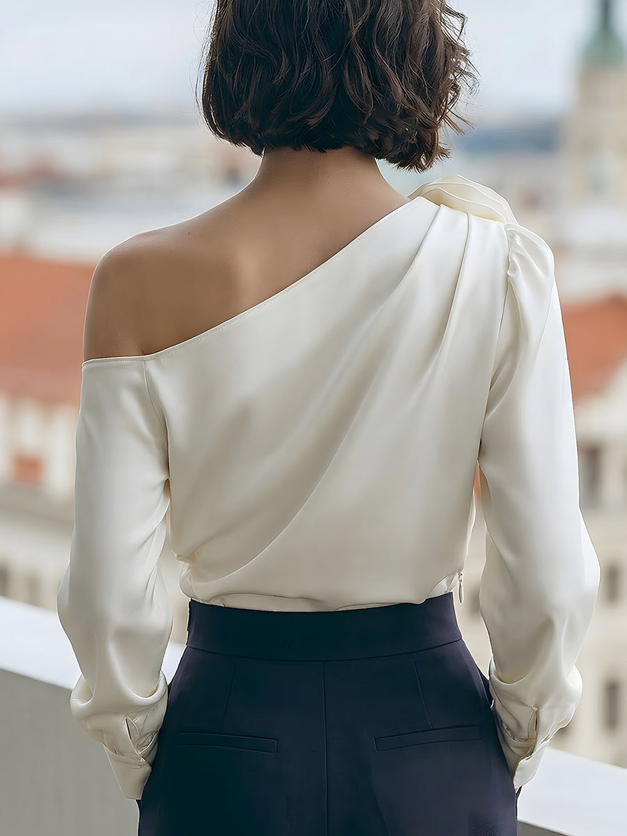 One Shoulder Long Sleeve 3D Flower Satin Top 5