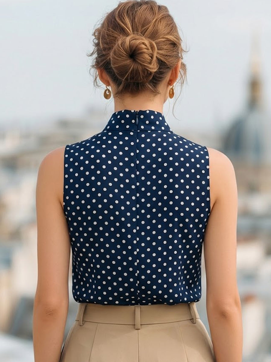 Polka Dot Bow Tie Neck Sleeveless Blouse 5