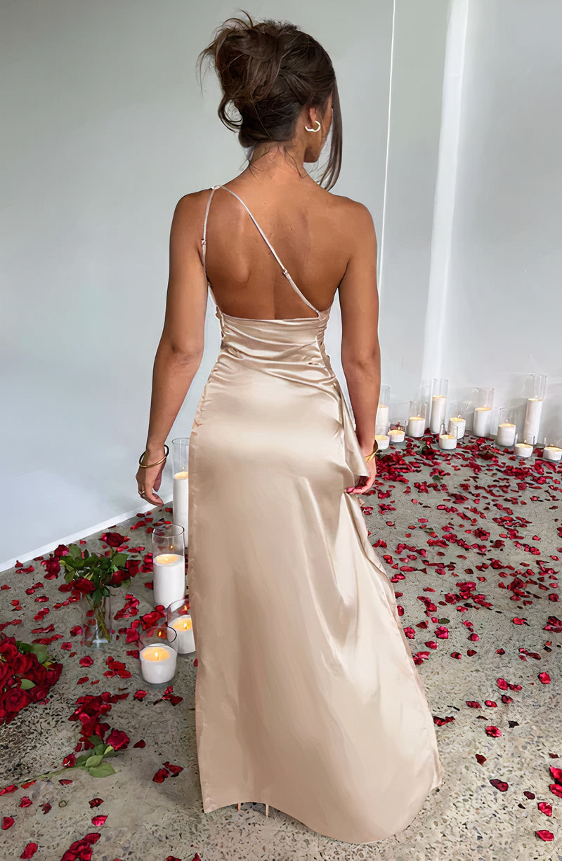 One Shoulder Ruched Draped Bodice High Split Column Maxi Gown - View 2
