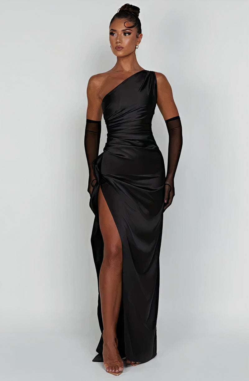 Satin One Shoulder Ruched Hip Drape High Split Train Maxi Gown - View 6