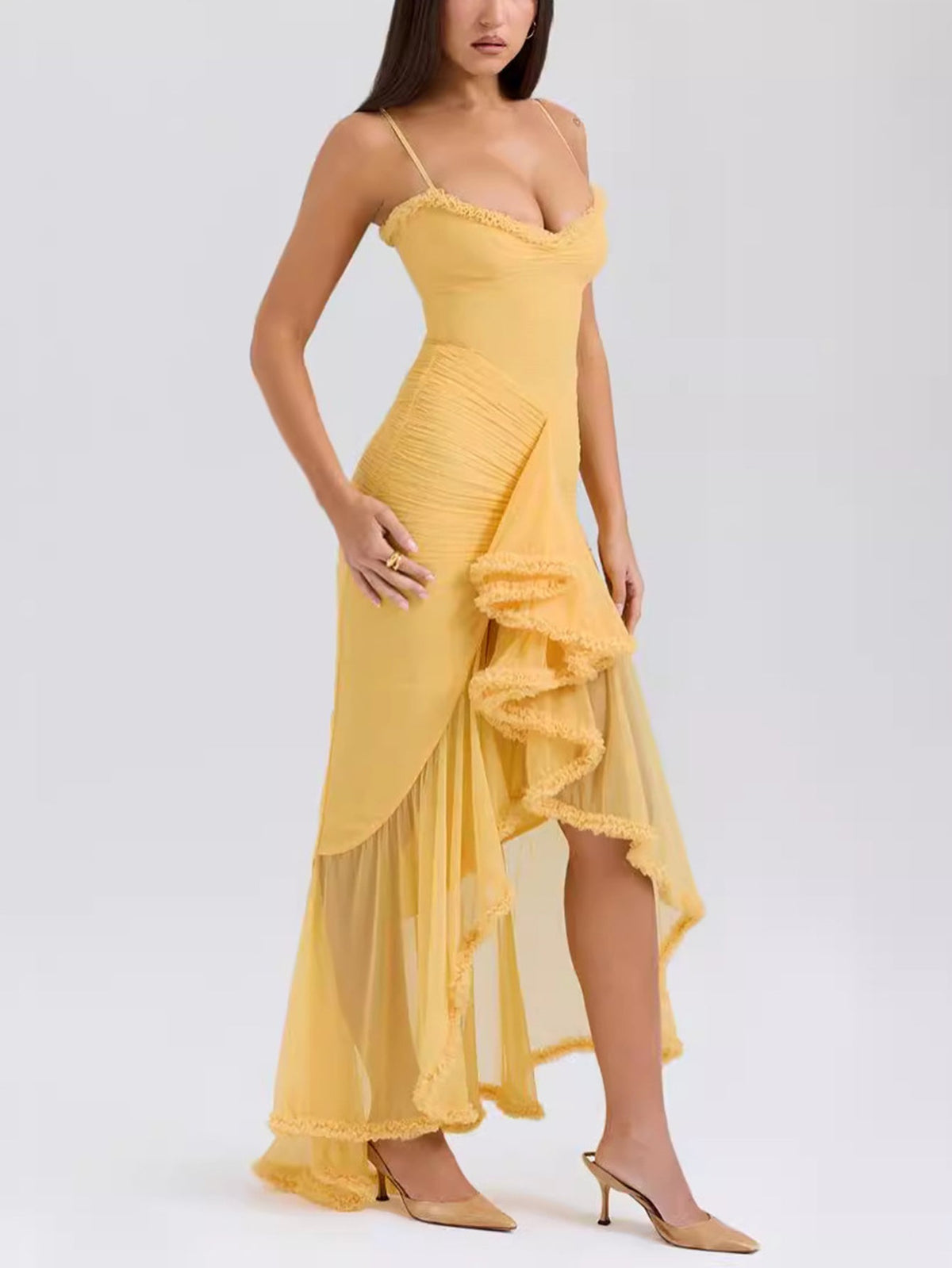 Spaghetti Strap Sweetheart Ruched Mesh High Low Maxi Dress