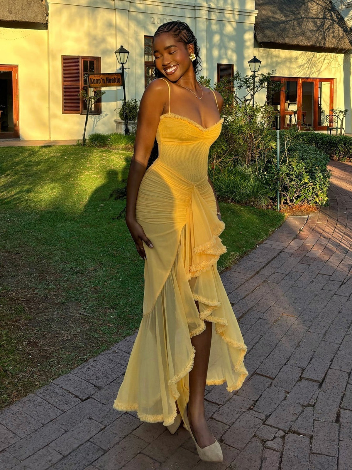 Spaghetti Strap Sweetheart Ruched Mesh High Low Maxi Dress - View 15