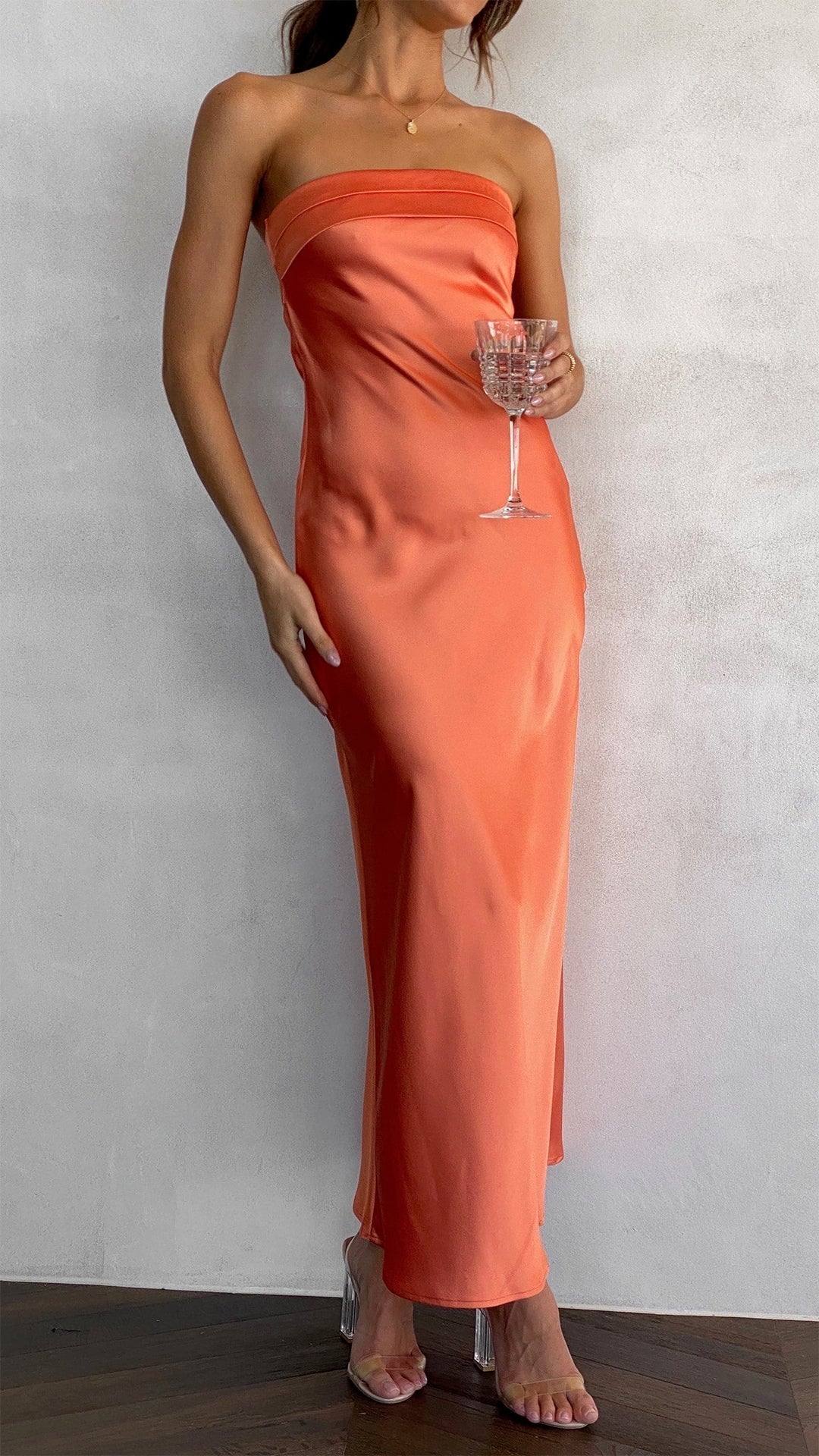Satin Strapless Fold Over Neck Bodycon Column Maxi Gown - View 4
