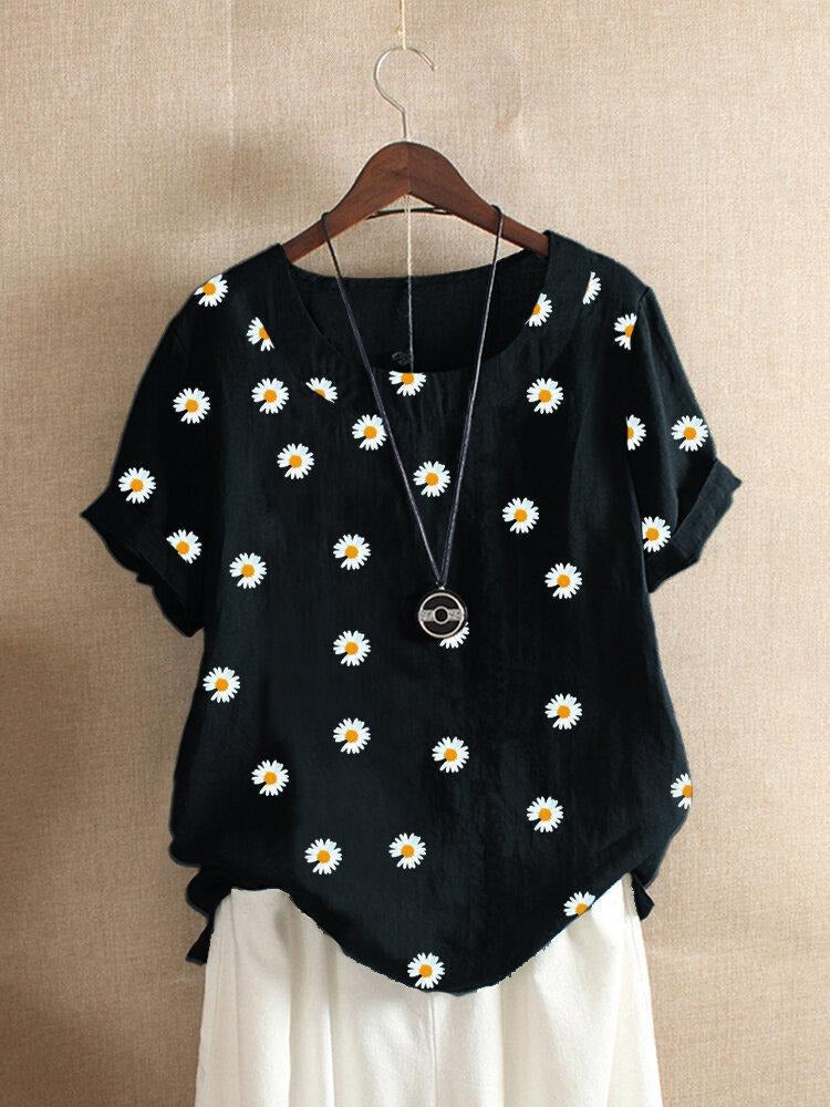 Round Neck Short Sleeve Daisy Floral Print Blouse 5