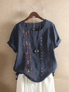 Floral Embroidery Round Neck Short Sleeve Linen Top 6