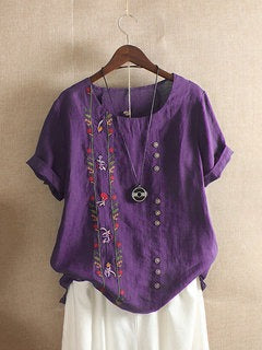 Floral Embroidery Round Neck Short Sleeve Linen Top 5