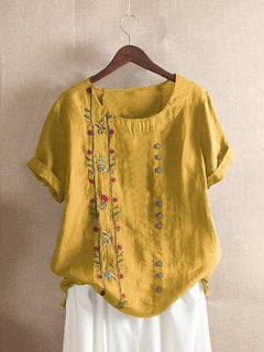 Floral Embroidery Round Neck Short Sleeve Linen Top 3