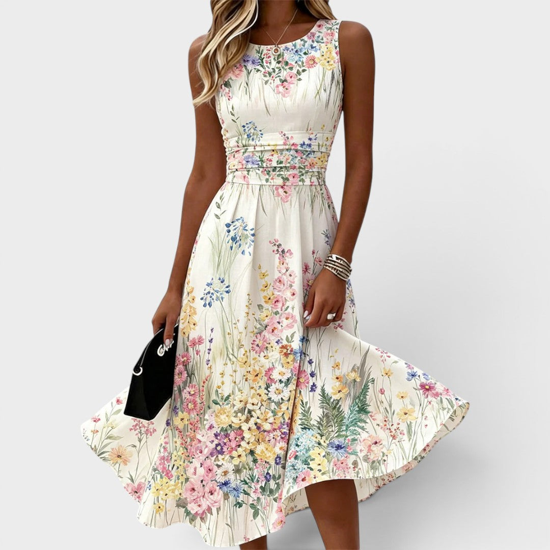 Floral Print Round Neck Sleeveless Ruched Waist Maxi Dress 2
