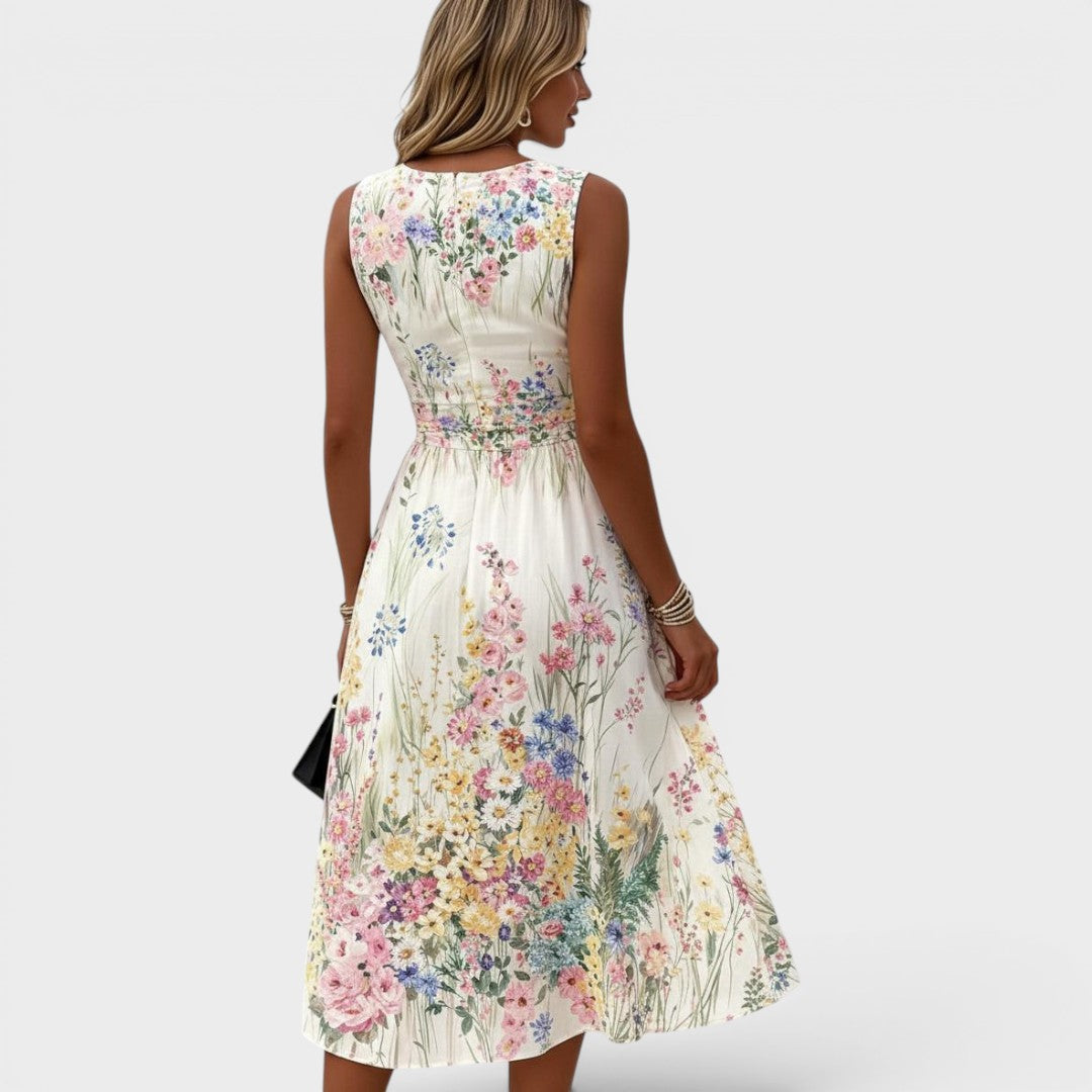 Floral Print Round Neck Sleeveless Ruched Waist Maxi Dress 5