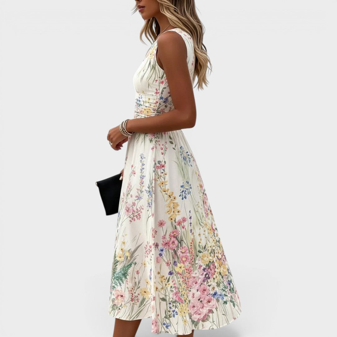Floral Print Round Neck Sleeveless Ruched Waist Maxi Dress 3