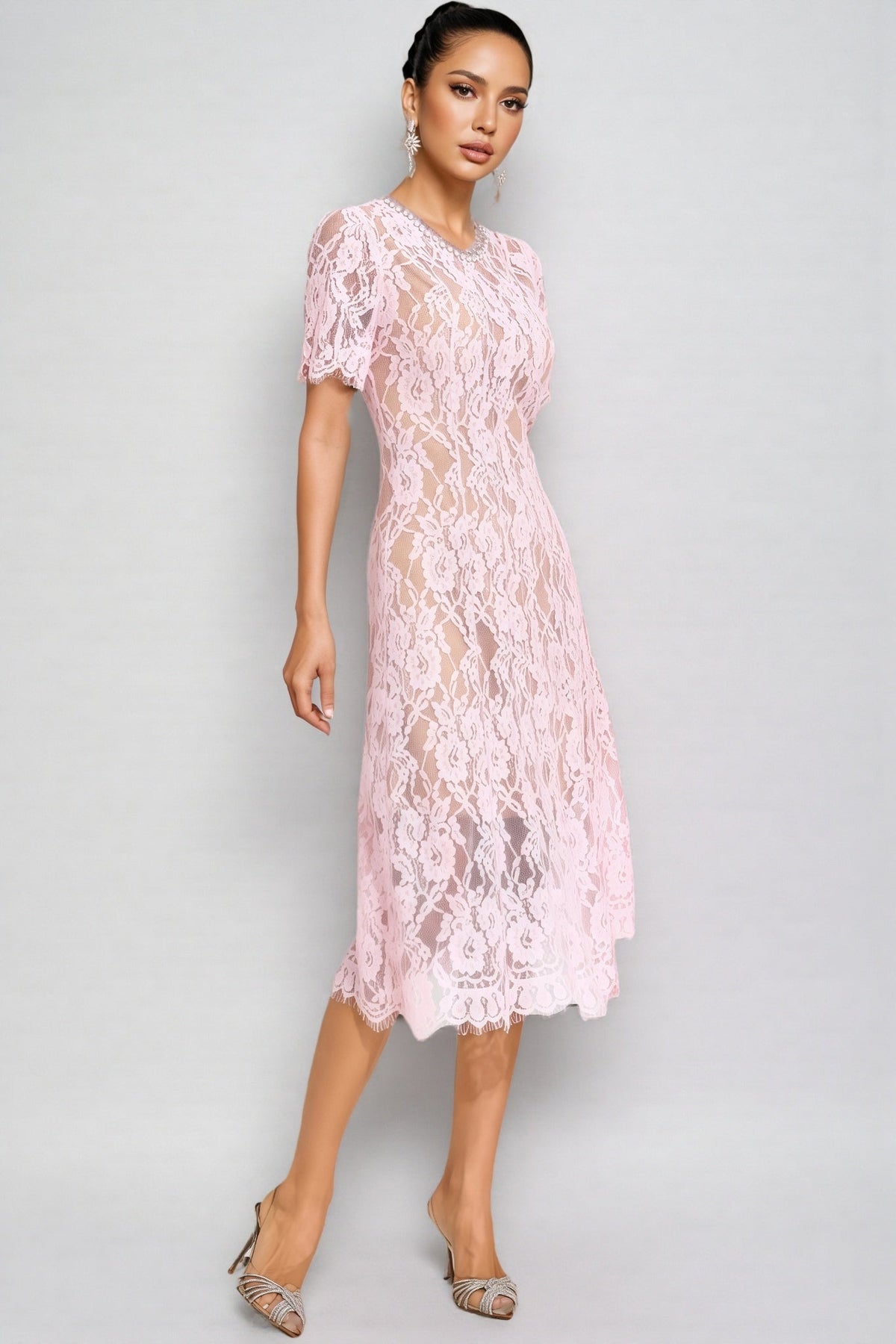 Nelia Pink Cut Out Lace Midi Dress - View 3