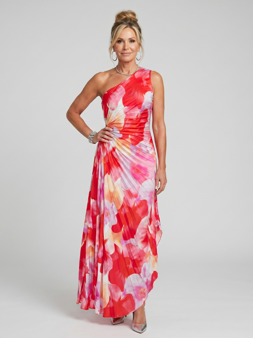 Floral One Shoulder Ruched Pleated Maxi Dress