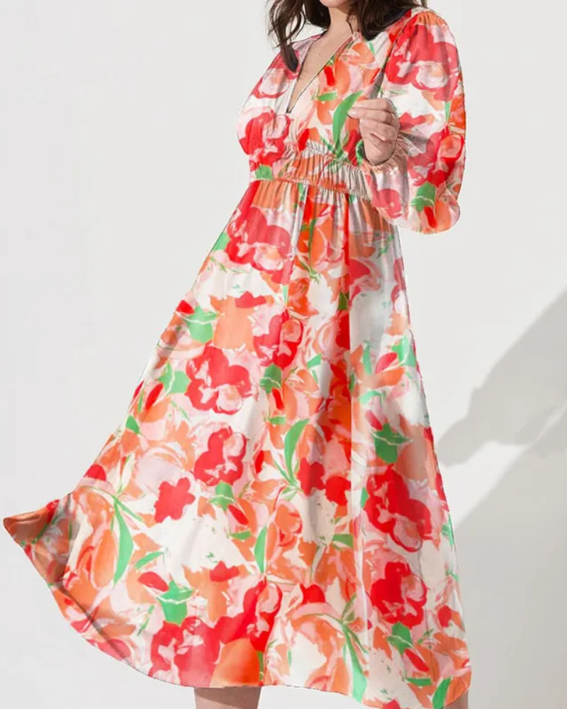 Floral Chiffon V-Neck Long Sleeve Ruched Waist Maxi Dress 20