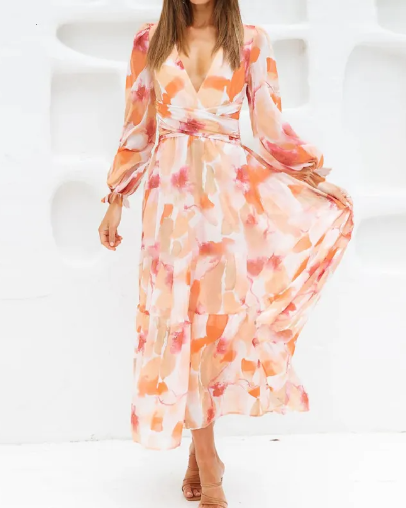 Floral Chiffon V-Neck Long Sleeve Ruched Waist Maxi Dress 15