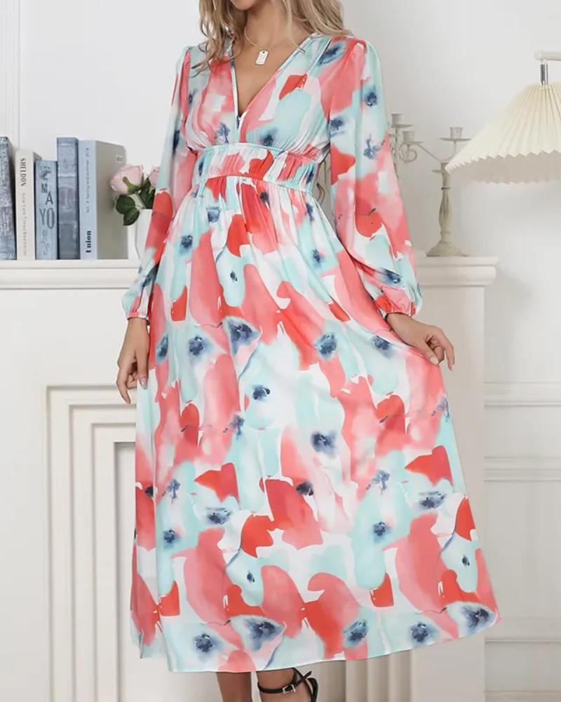 Floral Chiffon V-Neck Long Sleeve Ruched Waist Maxi Dress 16