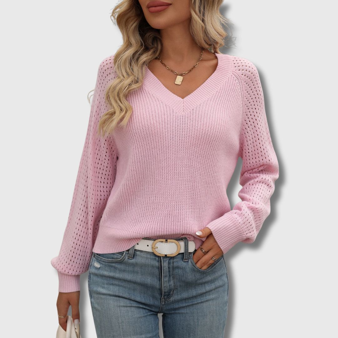 V-Neck Long Sleeve Pointelle Knit Sweater