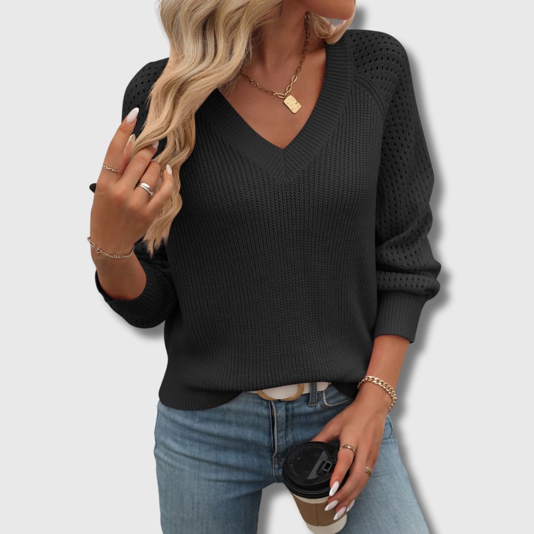 V-Neck Long Sleeve Pointelle Knit Sweater 3
