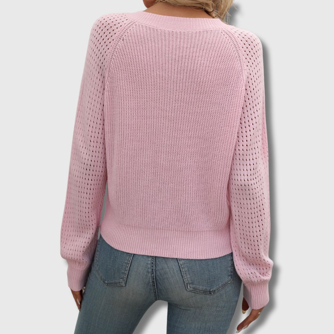 V-Neck Long Sleeve Pointelle Knit Sweater 4