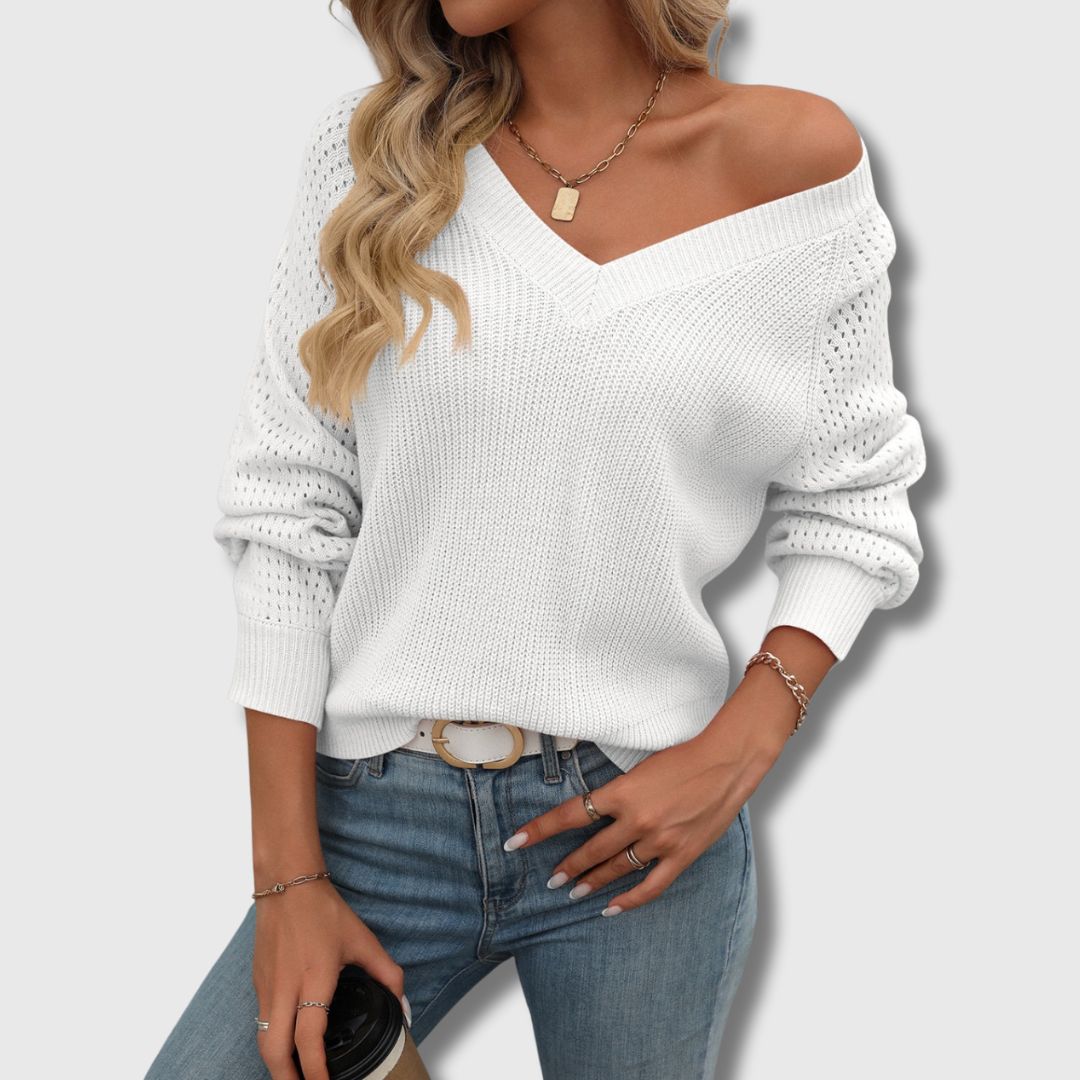 V-Neck Long Sleeve Pointelle Knit Sweater 5
