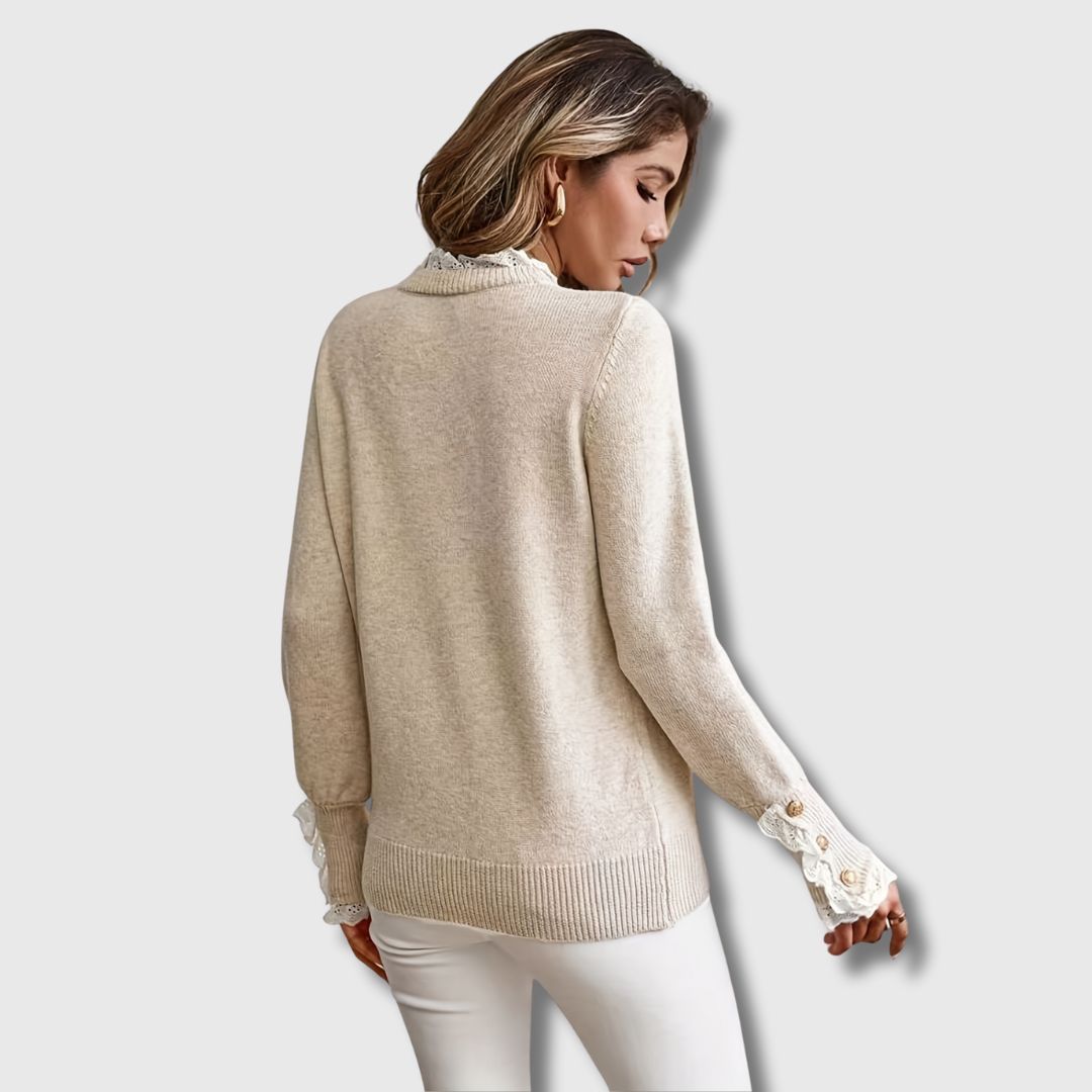 Crew Neck Lace Trim Button Cuff Sweater 2